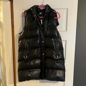Black Faux Leather Hooded Puffer Vest for Women